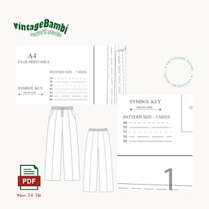May include: A digital sewing pattern for trousers featuring a PDF icon, size range 34-56, and A4 printable pages. The document includes a symbol key for grain lines and seven distinct line styles for pattern sizes 34 through 56.