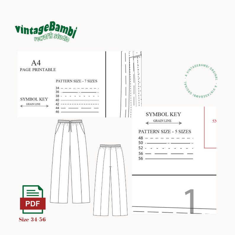 May include: A digital sewing pattern for trousers featuring a PDF icon, size range 34-56, and A4 printable pages. The document includes a symbol key for grain lines and seven distinct line styles for pattern sizes 34 through 56.