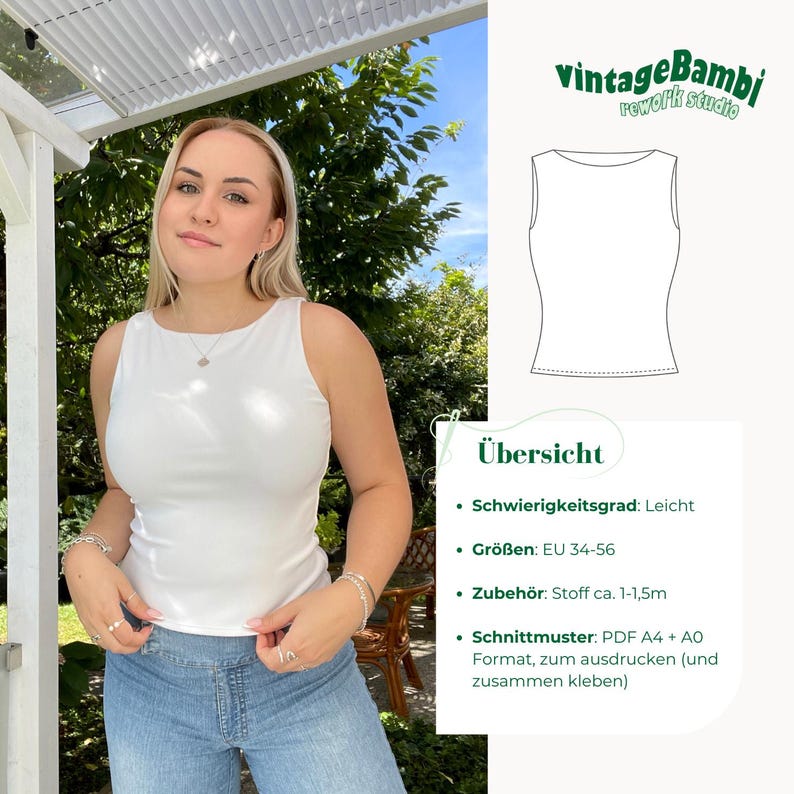 May include: A white tank top with a boat neck is worn by a person. The image includes a line drawing of the tank top and text in German. The text includes "vintage Bambi rework studio" and "&Uuml;bersicht".