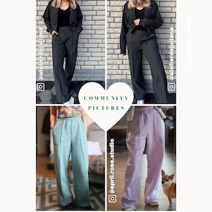 May include: A collage of images showcasing various pantsuits and trousers. The top left and right images feature a dark gray pantsuit. The bottom left shows light blue trousers, and the bottom right displays lavender pants. The text "COMMUNITY PICTURES" is in the center.