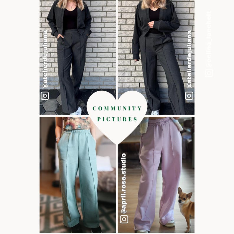 May include: A collage of images showcasing various pantsuits and trousers. The top left and right images feature a dark gray pantsuit. The bottom left shows light blue trousers, and the bottom right displays lavender pants. The text "COMMUNITY PICTURES" is in the center.