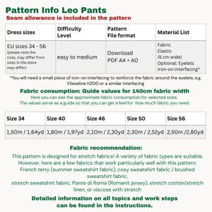 May include: A detailed information sheet for the "Leo Pants" sewing pattern. It includes dress sizes EU 34-56, fabric consumption in meters and yards, and fabric recommendations like French terry and Ponte di Roma. The pattern file format is PDF A4 + AO.