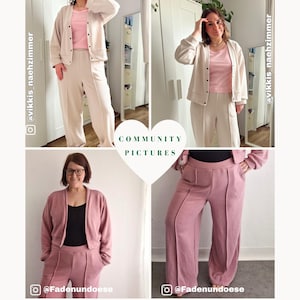 May include: A collage of four images showcasing coordinated outfits. The outfits include a jacket, a top, and wide-leg pants in neutral and pink hues. The text "COMMUNITY PICTURES" is in the center. Social media handles are visible.
