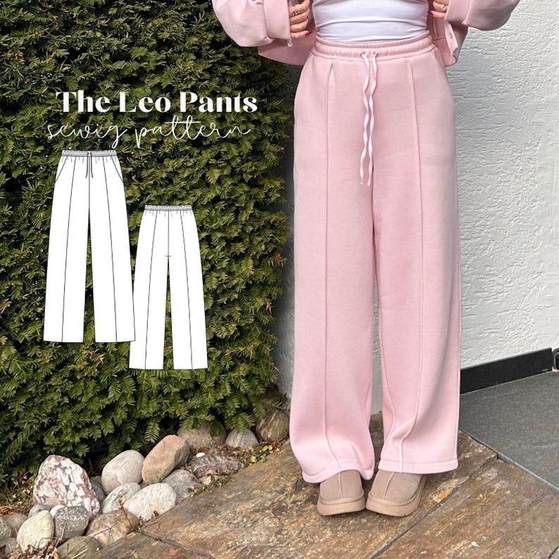 May include: Light pink sweatpants featuring a high-waisted elastic waistband with a white drawstring, vertical front seams, and wide legs. A graphic illustration labeled The Leo Pants sewing pattern shows the front and back views.