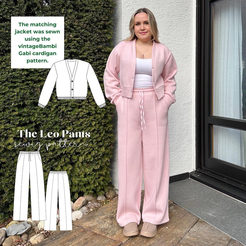 May include: A woman wearing a light pink cardigan and matching sweatpants. The outfit includes a white top. The image also shows a diagram of a cardigan and pants, with the text "The matching jacket was sewn using the vintageBambi Gabi cardigan pattern" and "The Leo Pants sewing pattern."