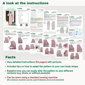 May include: A collection of sewing pattern instructions for Leo Pants. The instructions include detailed diagrams and text, with the title "A look at the instructions" at the top. The instructions include tips on how to adapt the pattern and alter it to sew different versions.