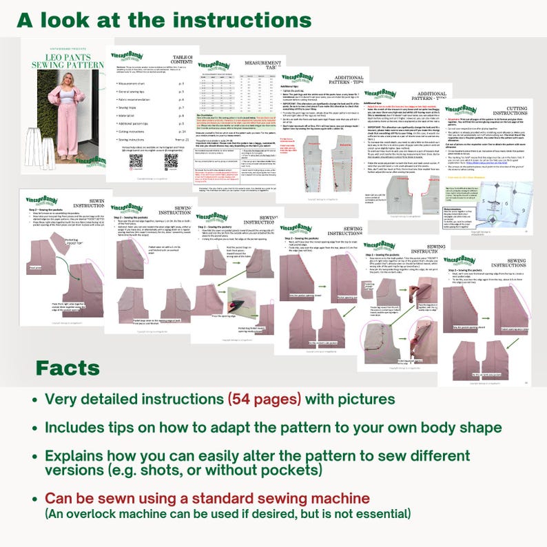 May include: A collection of sewing pattern instructions for Leo Pants. The instructions include detailed diagrams and text, with the title "A look at the instructions" at the top. The instructions include tips on how to adapt the pattern and alter it to sew different versions.