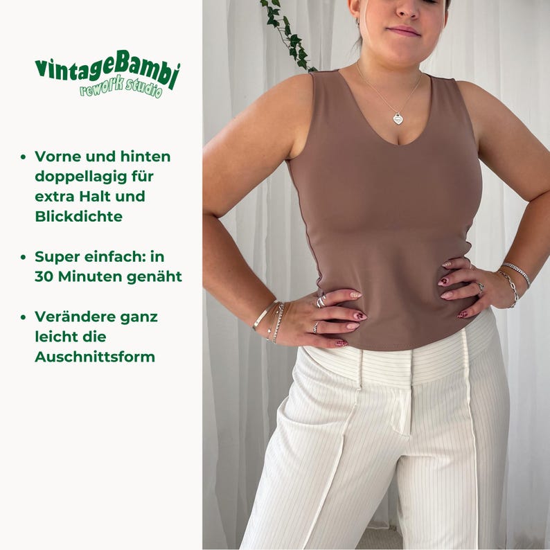May include: A woman wearing a brown V-neck tank top and white pinstripe pants. The top is paired with a silver necklace and bracelets. The text on the left says "vintage Bambi rework studio". Additional text describes the top's features.