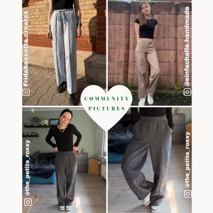 May include: A collage of four images showcasing different pairs of casual pants. The pants vary in color, including light gray, tan, and dark gray. Each pair features a relaxed fit and a drawstring or elastic waistband. The images are labeled with Instagram handles.