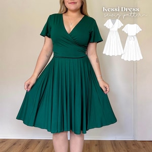 Peut inclure: Une robe vert foncé arrivant au genou avec un décolleté en V, des manches courtes évasées et une taille ajustée. L'image inclut une illustration au trait blanc du patron de couture Kessi Dress montrant les vues avant et arrière du modèle.