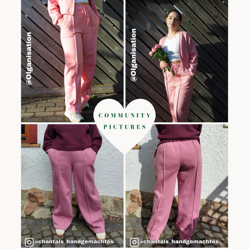 May include: Four-panel image featuring pink pants and matching jackets. The pants have a drawstring waist and a relaxed fit. The jackets are cropped and have long sleeves. The images are taken outdoors.