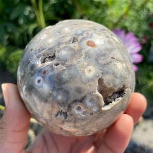 LA LUNE Inspired Grey Orbicular “Ocean” Jasper Sphere, Unique Ocean Jasper, Madagascar Ocean Jasper, One of a Kind, Metaphysical, 77mm wide