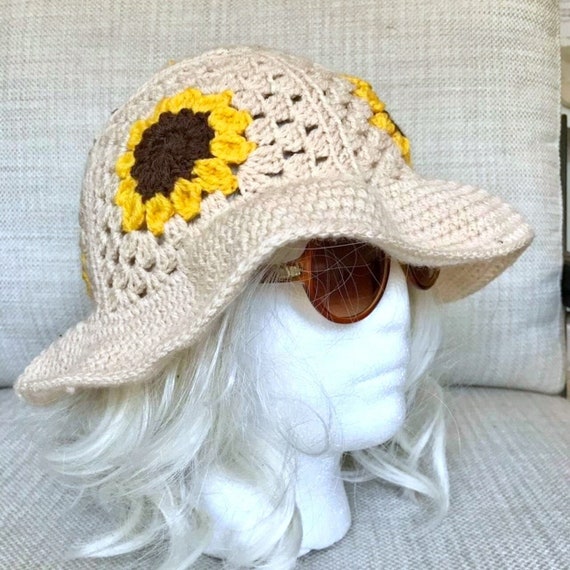 Fun Indie Aesthetic Sunflower Crochet Bucket Hat Sun Hat 