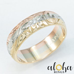 14K Solid Gold Tri-Color Hawaiian Jewelry Ring with Old English design [6mm] Barrel Shape