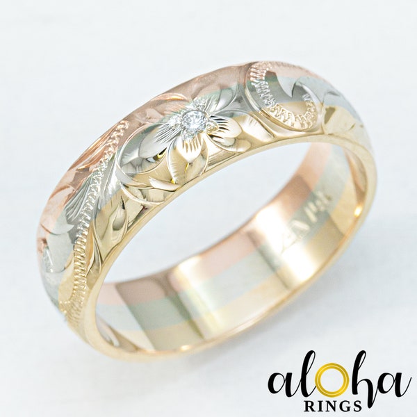 14K Solid Gold Tri-Color Hawaiian Jewelry Ring with Old English design [6mm] Barrel Shape