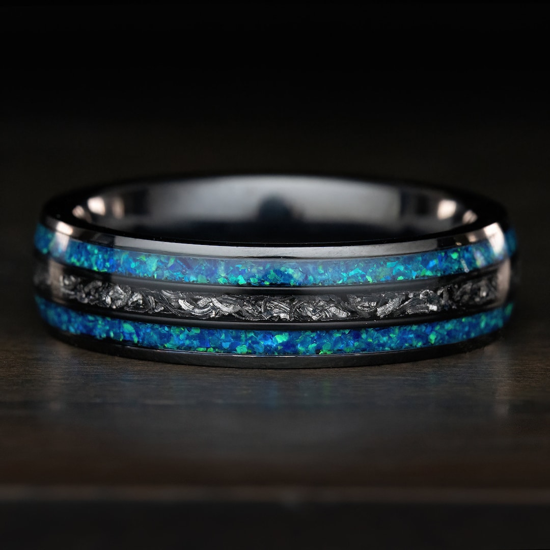Black Titanium Ring, Azure Blue Opal & Meteorite Inlay [6mm Width] - Etsy