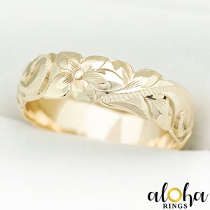 14K Solid Gold Old English Hawaiian Jewelry Ring [ 6mm ] Barrel Shape with Cutout wave Edges