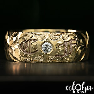 10K Solid Gold Personalisierte Initia Old English Hawaiian Schmuck Ring mit Diamanten [8 mm] Barrel Form