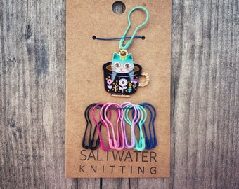 TEACUP KITTY Stitch Markers / Progress Keepers w Bulb Pins | Knitting Accessories | Journal Charms