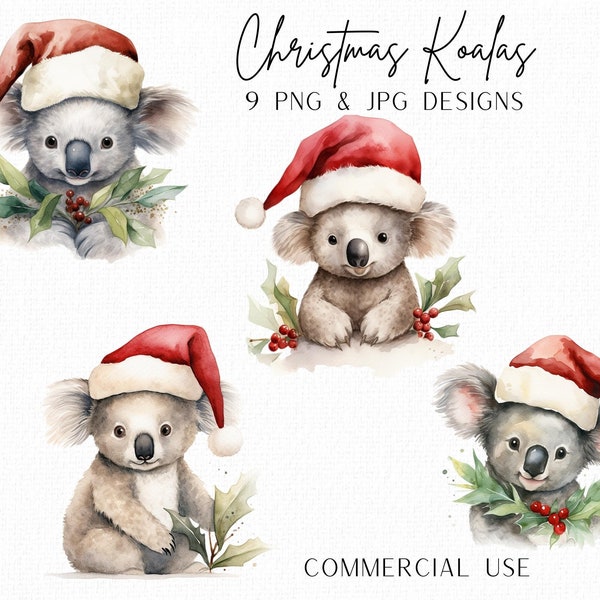 Koala Christmas Clipart Bundle, Santa Hats, Aussie Christmas Decorations, Watercolour Koala Prints, Christmas Card Clipart, Commercial Use