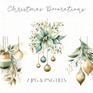 Pacchetto di Clipart di ornamenti natalizi verde salvia e oro, Clipart di ornamenti di decorazioni natalizie, Clipart di biglietti di Natale Arte murale di Natale