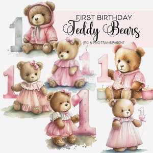 Ein Jahr alt Geburtstag Clipart Bundle für Mädchen Teddybären tragen rosa erste Geburtstagskarte Design DIY Baby Geburtstagseinladungen Babykarten