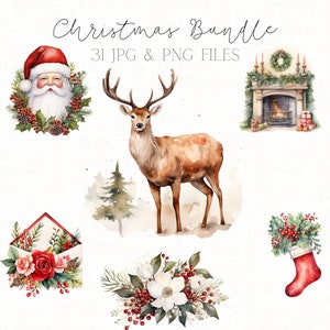 Weihnachten Clipart Bundle Aquarell Weihnachtscliparts, Weihnachten png, Karte Clipart Weihnachten Printables, Strümpfe, Santa, Rentier Clipart