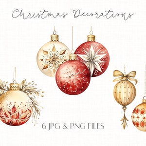 Red Christmas Baubles, Xmas Ornaments Clipart Bundle, Red and Gold Ornaments Clipart, Christmas Card Clipart Christmas Prints Commercial Use