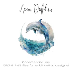 Mond Delfin Aquarell Clipart, Delfin Geschenke für ein Mädchen, Delfin Wandkunst, DIY Ausdrucke, Delfin Clipart, Delfin Karte, kommerzielle Nutzung