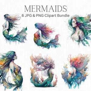 Dea del mare Sirene colorate Fanciulla del mare Clipart ad acquerello Disegni a sublimazione per tazze Magliette Bicchieri Borse di tela Biglietti fai da te