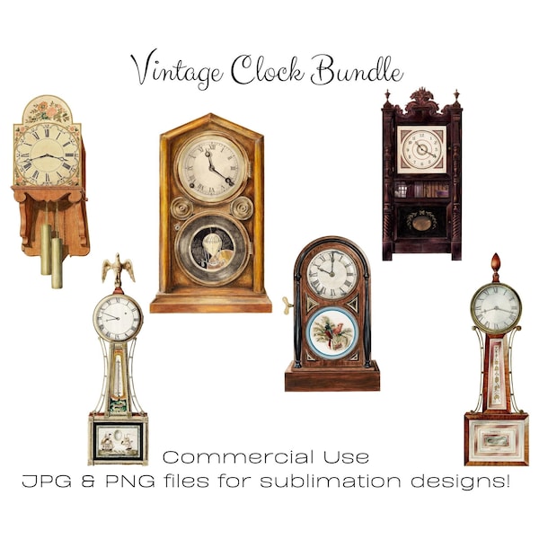Vintage Clock Bundle, Set of 6 Antique Clock Face Clipart Bundle, Clocks png, 1930s Mantle Clock, Wall Clock, Banjo Clock, Digital Download