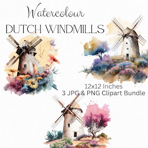 Imágenes Prediseñadas de molino de viento, molino de viento holandés de acuarela, flores, jardín de cabaña, imágenes prediseñadas de agricultura, arte de pared de molino de viento, molino de viento png, uso comercial