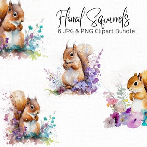 Lot de cliparts aquarelle écureuils, écureuils png, animaux de la forêt, fleurs, clipart floral, carte écureuil, cadeau écureuil imprimables DIY