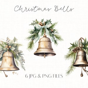 Bundle de cliparts de cloches de Noël aquarelle Noël clipart, carte de Noël Clipart Noël Wall Art, clipart houx de Noël, usage Commercial