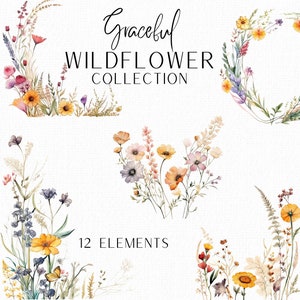 Paquete de flores silvestres Ramo de flores silvestres Bordes de acuarela Clipart de acuarela Bordes florales Clipart de boda Clipart floral Bordes prefabricados
