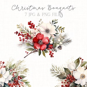 Pacote de clipart de buquê de Natal, decorações de Natal, clipart de cartão de flores de Natal, arte de parede floral de Natal, decoração festiva de feriado