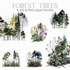 Bundle de cliparts arbres forestiers, png de la forêt, fleurs de la forêt, impression de la forêt, arbres à feuilles persistantes, fleurs sauvages, clipart Nature, usage Commercial