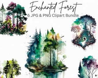 Magical Forest Clipart, Enchanted Forest, Watercolour Trees, Mystical Clipart, Colourful Clipart for Greeting Cards, Invitations, Wall Art