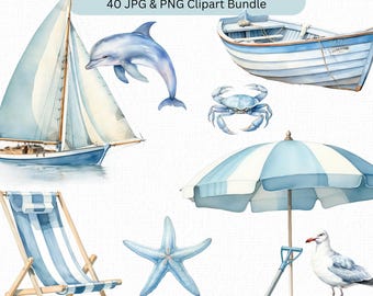 Conjunto de imágenes prediseñadas de acuarela Beach Vibes, elementos costeros, ilustraciones náuticas, colección de gráficos de playa de verano en azul para vacaciones, descarga digital