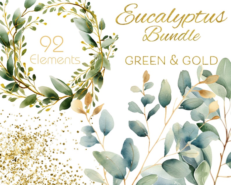 Eucalyptus Clipart Bundle, Watercolor Greenery PNG, Gold Botanical ...