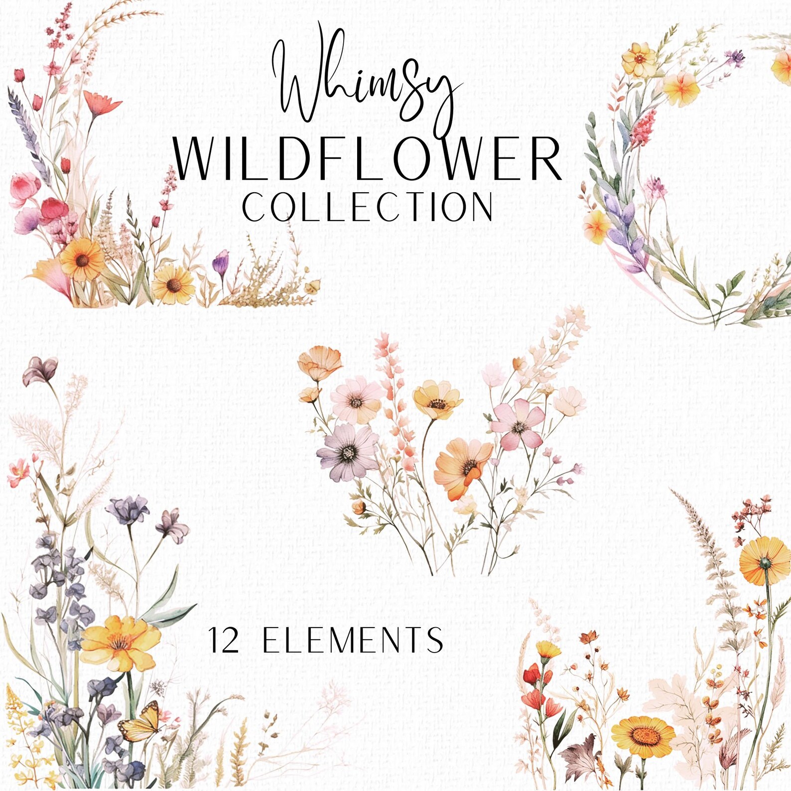 Whimsical Wild Flowers Bundle Wildflowers Bouquet Watercolor Borders ...