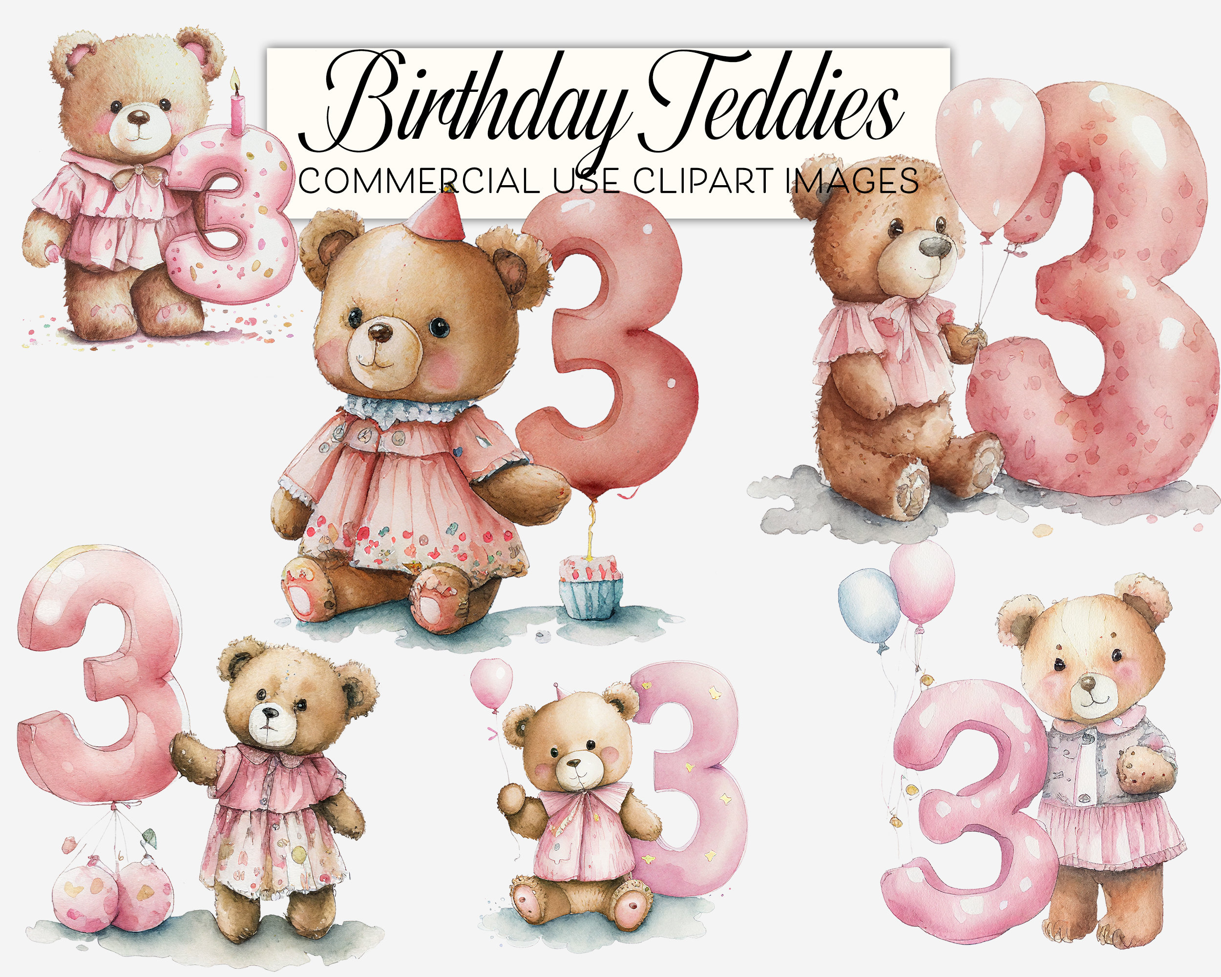 Birthday Clipart Bundle for 3 Year Old Girls Pink Teddy - Etsy