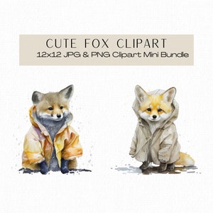 Clipart renard mignon, renards portant des imperméables, renard png, renard aquarelle, Clipart pour cartes, Invitations, Brochures, Art mural, découpage, Collage