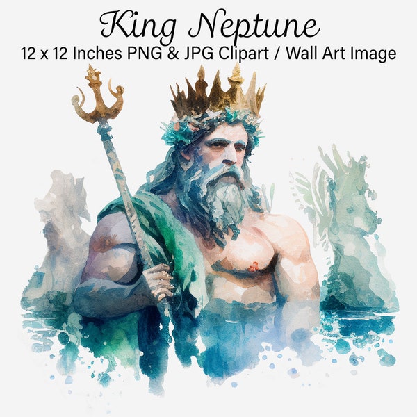 King Neptune Clipart, Roman God of Waters and Seas, Fantasy Art, Mythical Creature, Clipart for Card Making, Scrapbook, Wall Art, Crafts