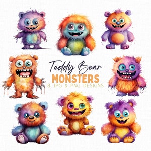 Monster Clipart, Halloween Clipart Bundle, Sublimation Halloween Monsters, Watercolor Monsters, Digital Clipart, Teddy Bear Monster Clipart