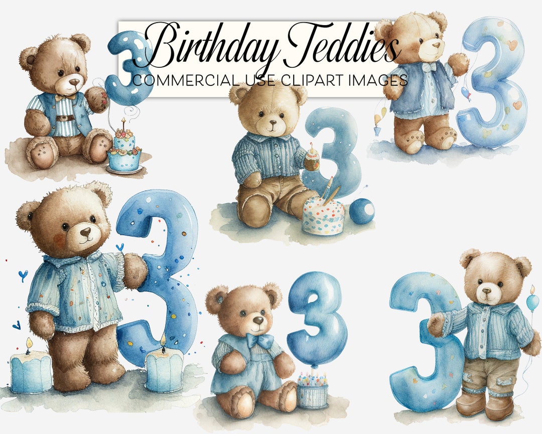 Birthday Boy Clipart 3 Year Old Clipart Bundle Blue Teddy - Etsy