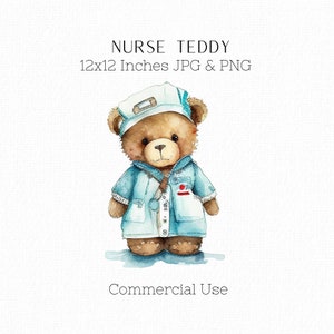 Teddy Bear Nurse Clipart, Wall Art, Nurse Uniform, Cute Nursing Teddy Wall Art, Health Care Poster, Watercolour Clipart, Commercial Use