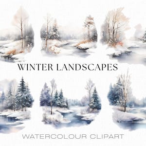 Collection de cliparts de paysages d'hiver, aquarelle d'hiver, arbres à feuilles persistantes de lac de neige, lot de 6 fichiers PNG JPG pour sublimation
