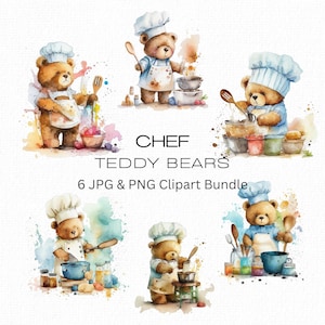 Clipart chef-kok, schattige teddyberen, kookknuffels, chef-kokmuts, grappige clipartbundel, chef-kokcadeaus voor doe-het-zelfkaarten, afdrukbare kunst, commercieel gebruik