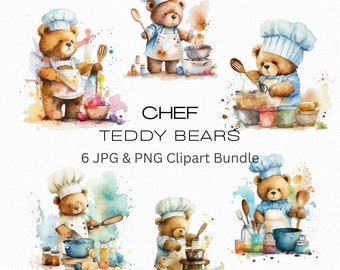 Chef Clipart, Cute Teddy Bears, Cooking Teddies, Chef Hat, Funny Clipart Bundle, Chef Gifts for DIY Cards, Printable  Art, Commercial Use
